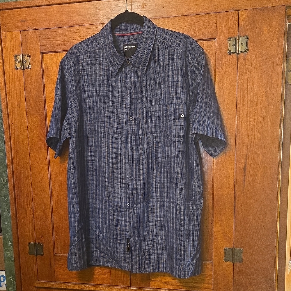 Marmot Shirt Mens XLarge Black/Blue/ White Plaid Button-Down Short Sleeve
